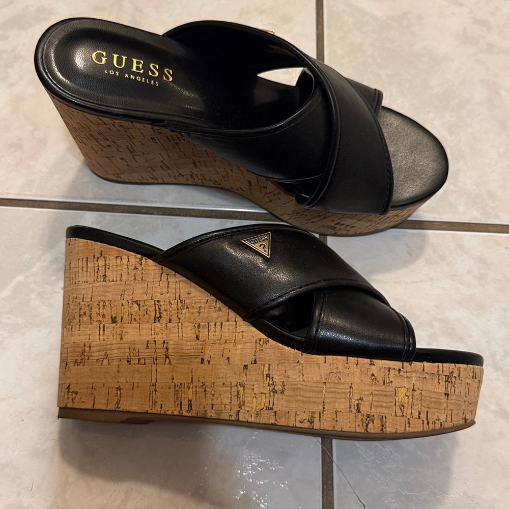 Guess Black Cork Wedge Sandals